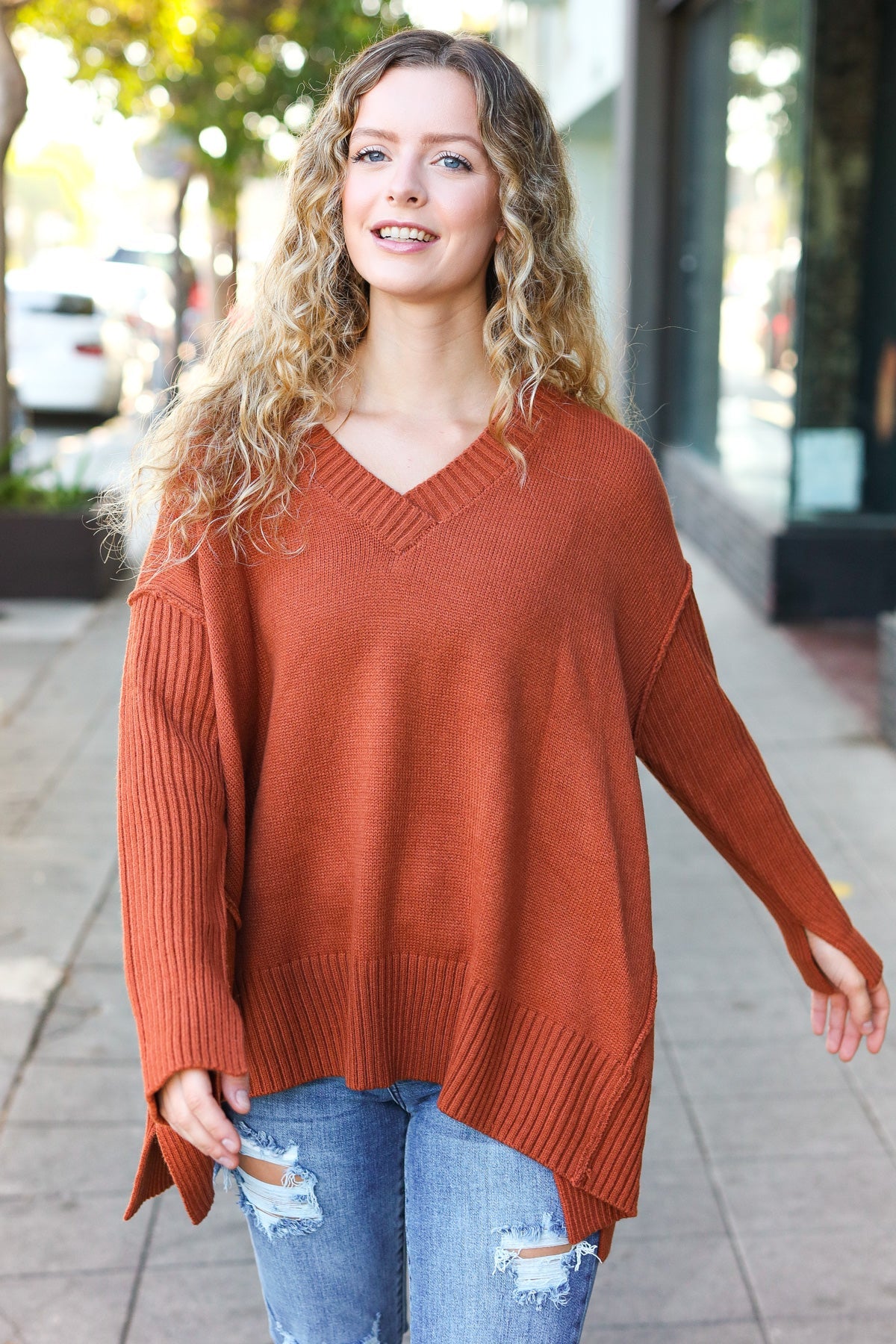 Haptics Casual Chic Rust Oversized V Neck Rib Knit Sweater 2024 Blow-Out Sale