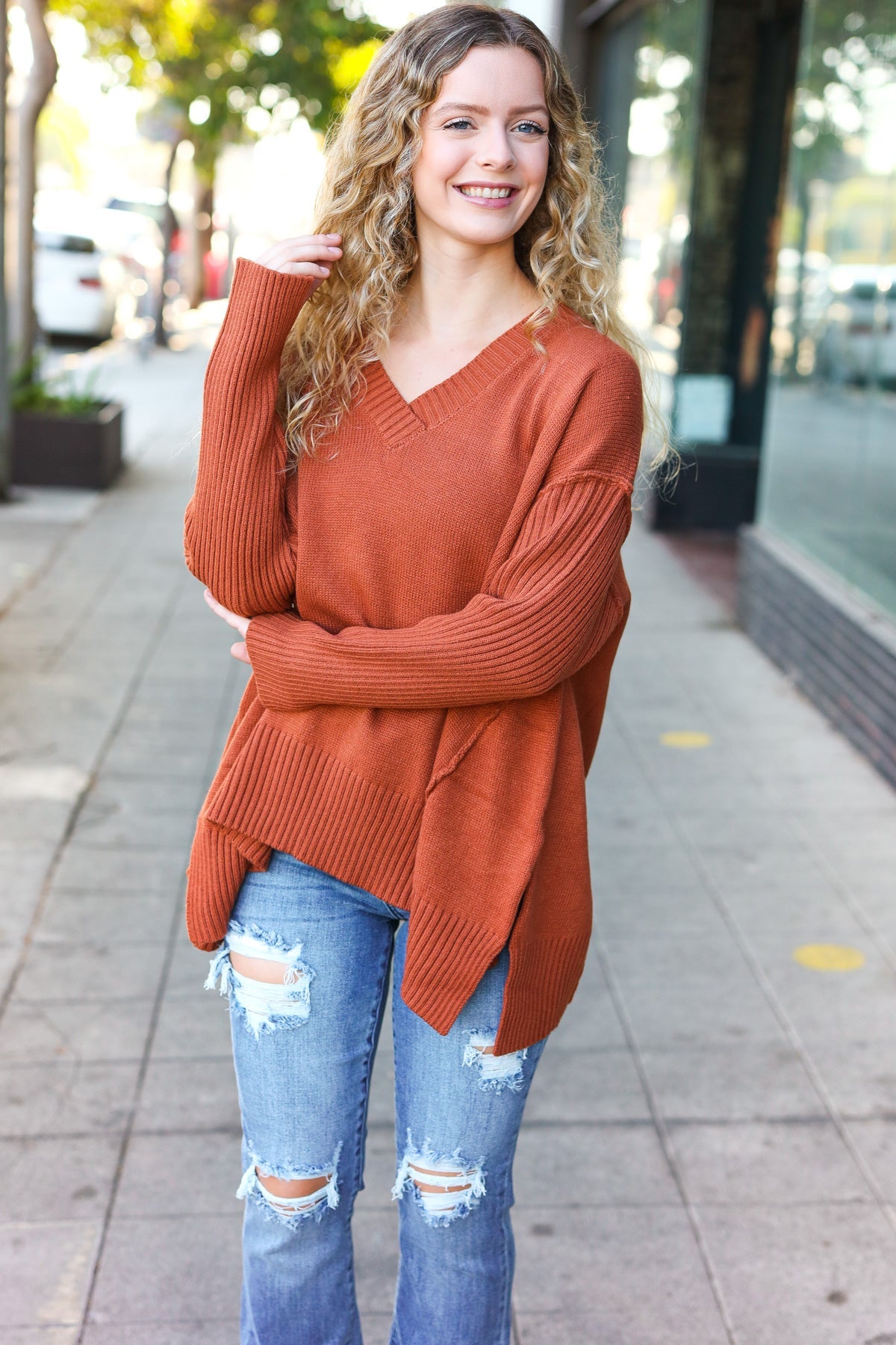 Haptics Casual Chic Rust Oversized V Neck Rib Knit Sweater 2024 Blow-Out Sale
