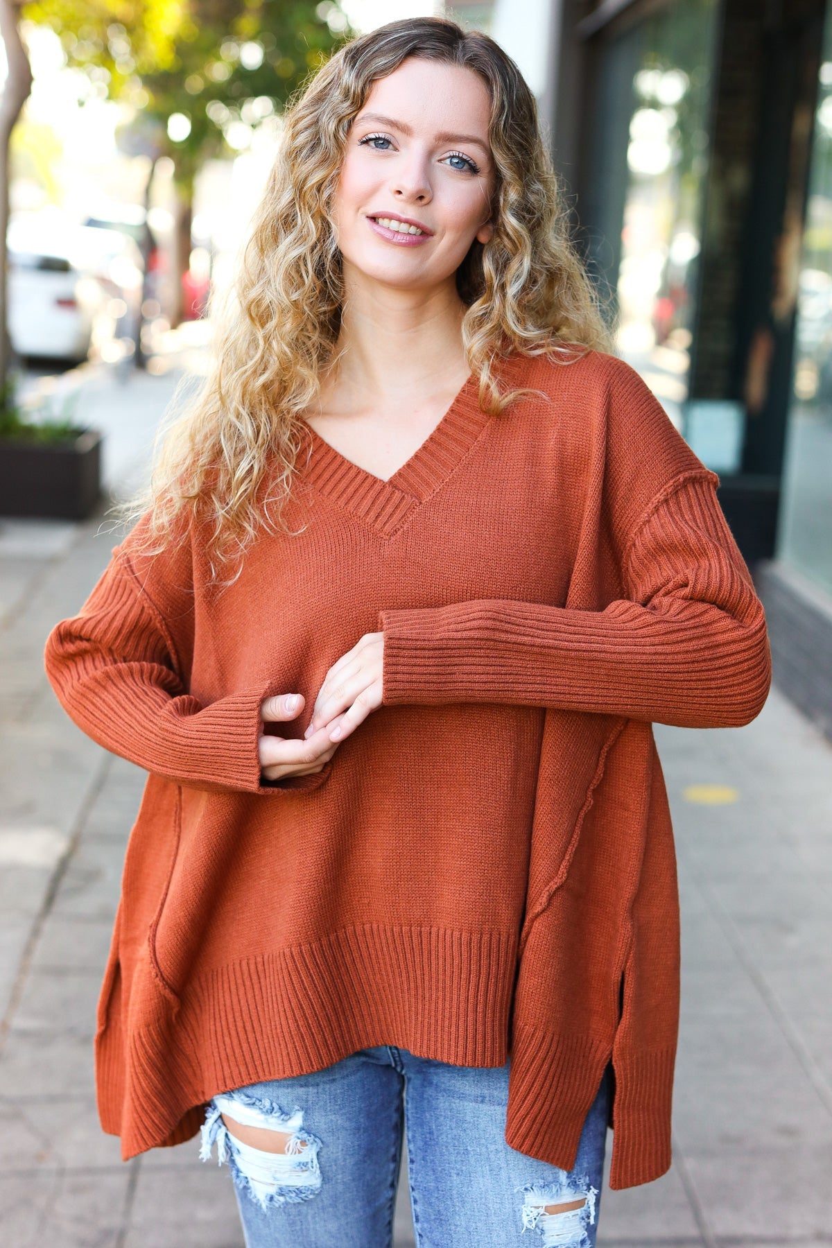 Haptics Casual Chic Rust Oversized V Neck Rib Knit Sweater 2024 Blow-Out Sale