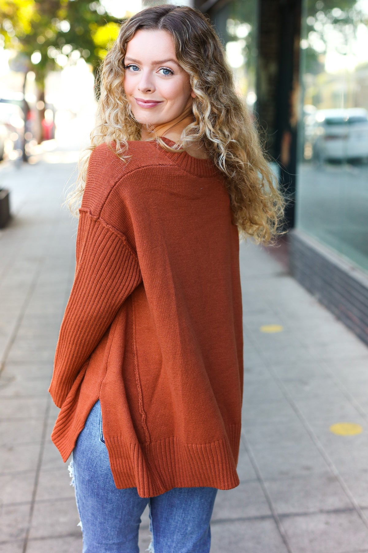 Haptics Casual Chic Rust Oversized V Neck Rib Knit Sweater 2024 Blow-Out Sale