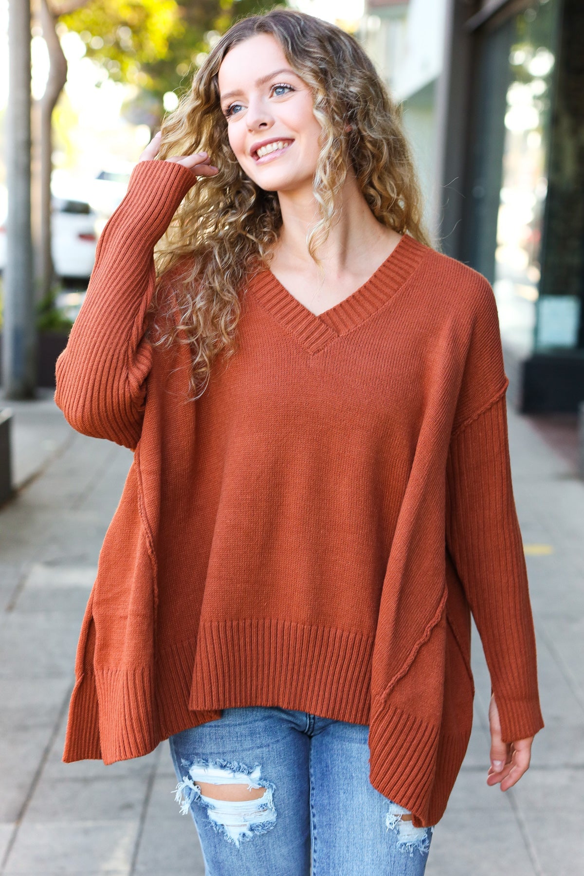 Haptics Casual Chic Rust Oversized V Neck Rib Knit Sweater 2024 Blow-Out Sale