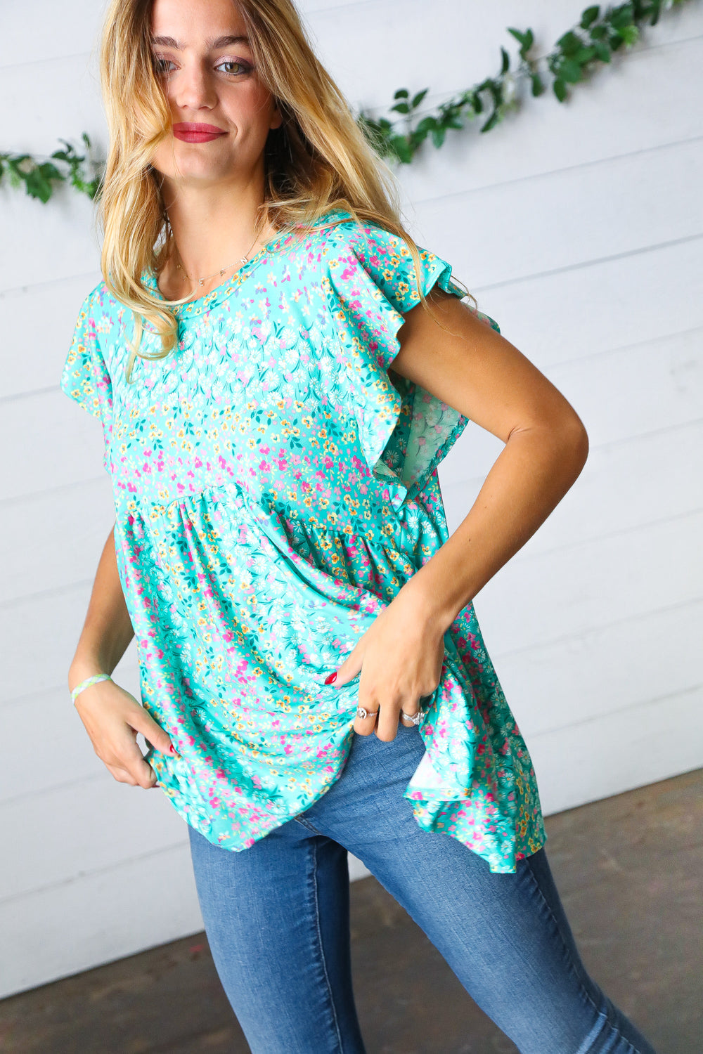 Haptics Turquoise Floral Stripe Babydoll Top Final Sale