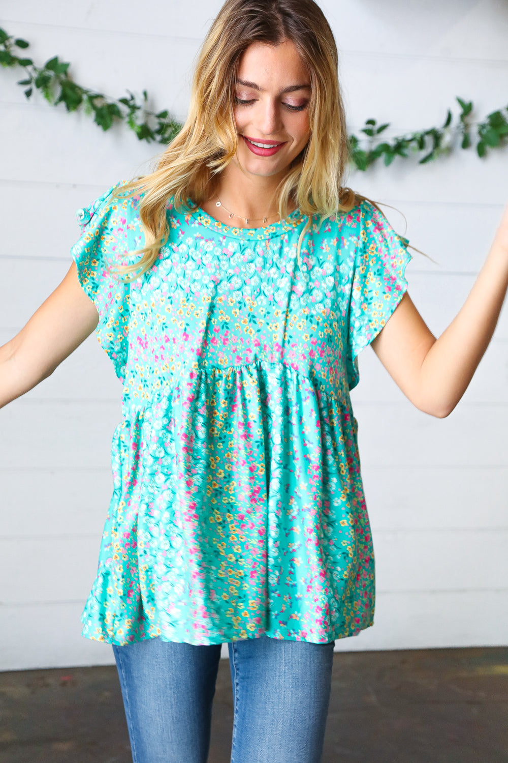 Haptics Turquoise Floral Stripe Babydoll Top Final Sale
