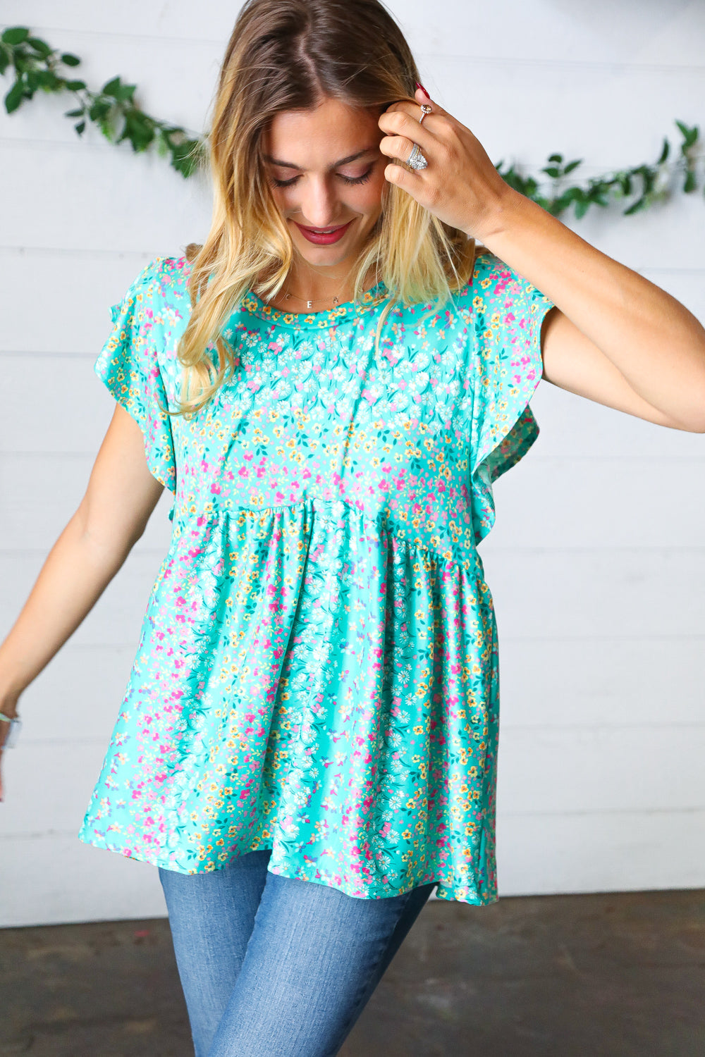 Haptics Turquoise Floral Stripe Babydoll Top Final Sale
