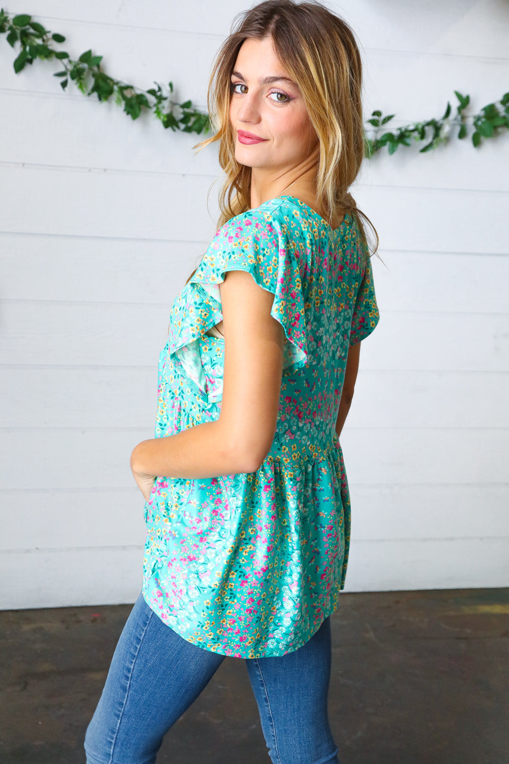 Haptics Turquoise Floral Stripe Babydoll Top Final Sale