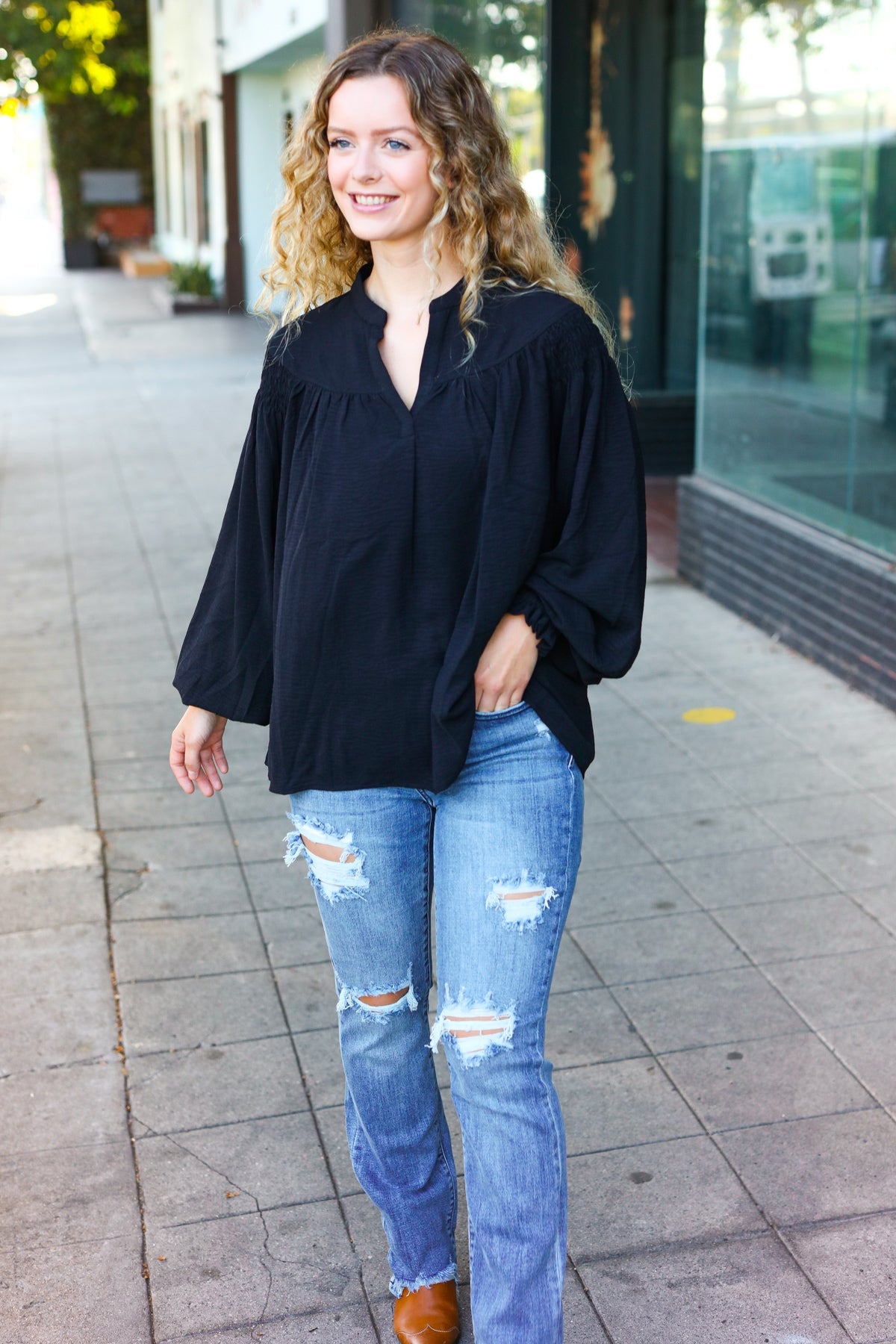 Haptics Boho Vibes Black Notched Neck Smocked Bubble Sleeve Top