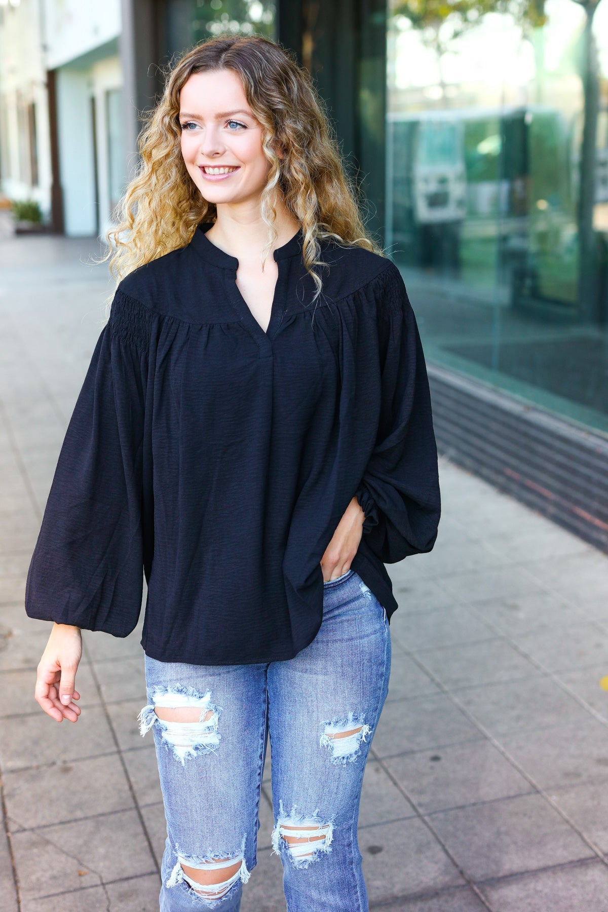 Haptics Boho Vibes Black Notched Neck Smocked Bubble Sleeve Top