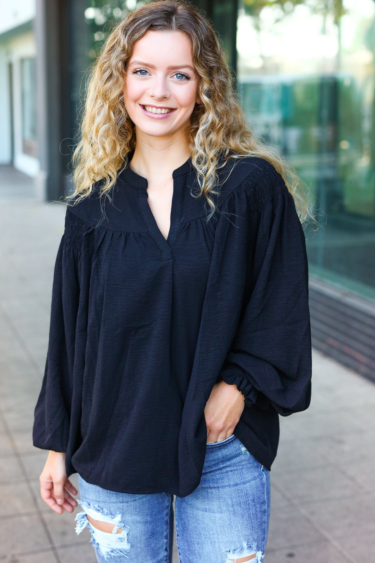 Haptics Boho Vibes Black Notched Neck Smocked Bubble Sleeve Top