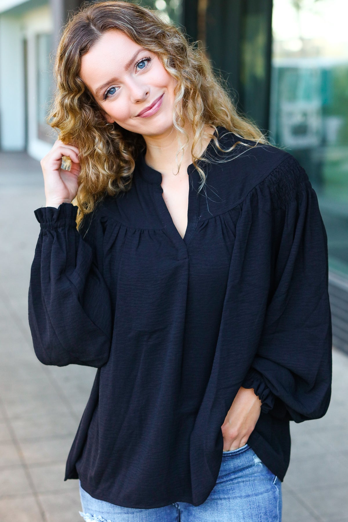 Haptics Boho Vibes Black Notched Neck Smocked Bubble Sleeve Top