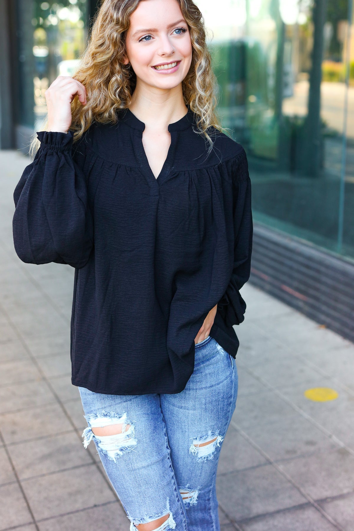 Haptics Boho Vibes Black Notched Neck Smocked Bubble Sleeve Top