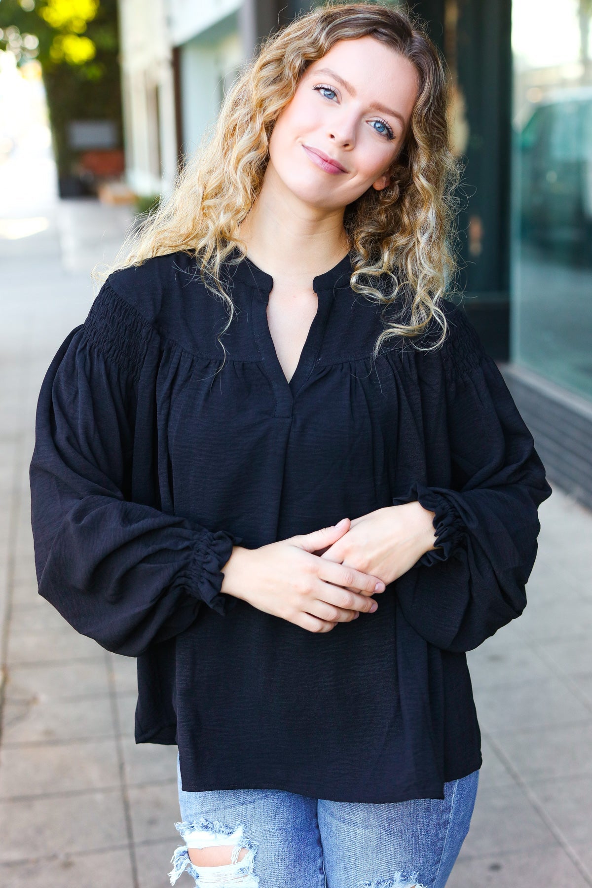 Haptics Boho Vibes Black Notched Neck Smocked Bubble Sleeve Top