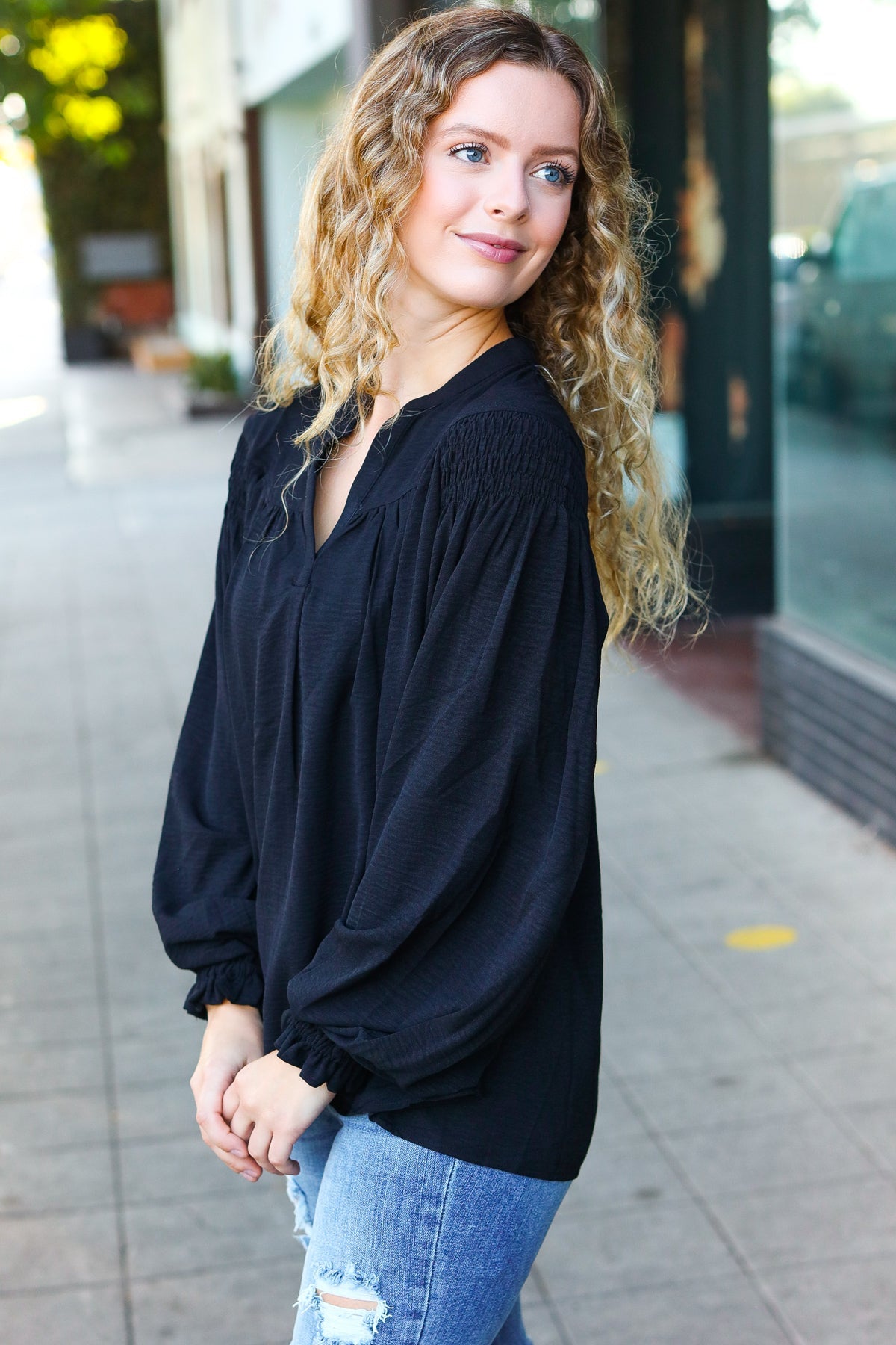 Haptics Boho Vibes Black Notched Neck Smocked Bubble Sleeve Top