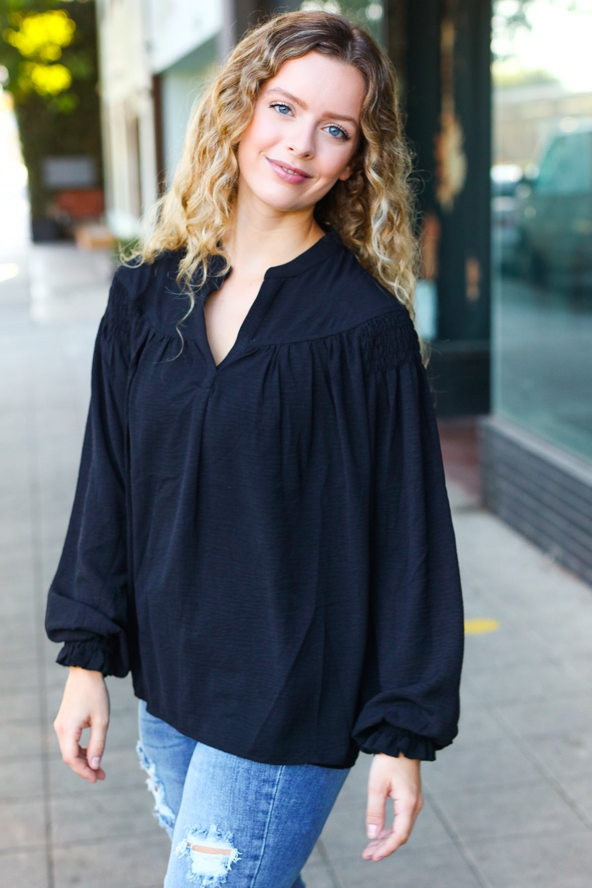 Haptics Boho Vibes Black Notched Neck Smocked Bubble Sleeve Top
