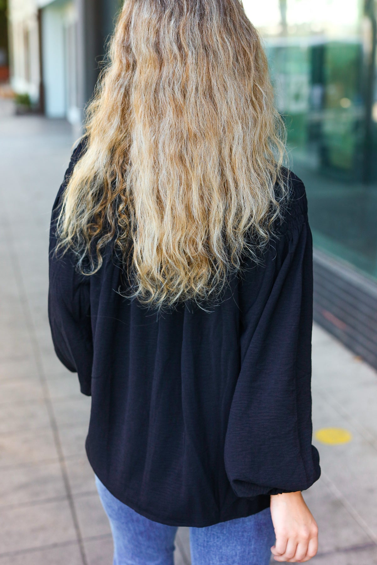 Haptics Boho Vibes Black Notched Neck Smocked Bubble Sleeve Top