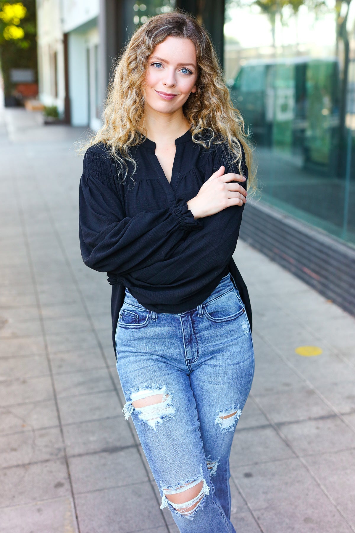 Haptics Boho Vibes Black Notched Neck Smocked Bubble Sleeve Top