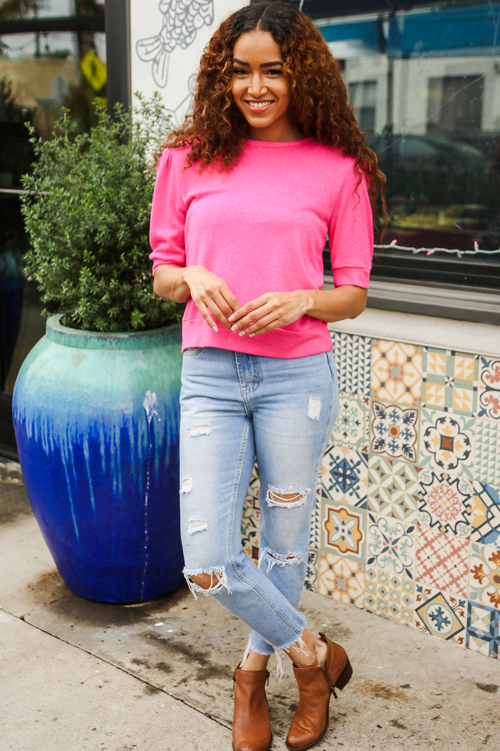 Haptics Pink Mock Neck With Back Ribbon Bow Tie Sweater Top