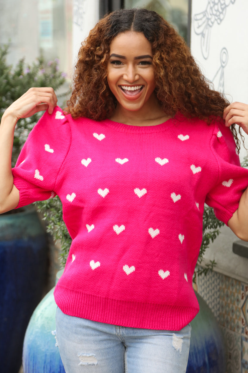 Haptics Be Mine Pink & White Heart Oversized Jacquard Sweater