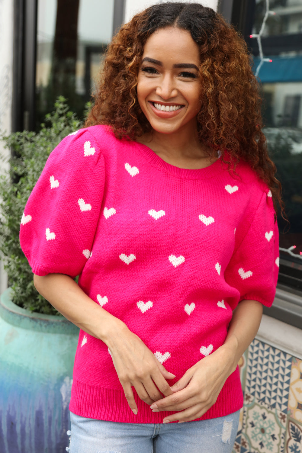 Haptics Be Mine Pink & White Heart Oversized Jacquard Sweater