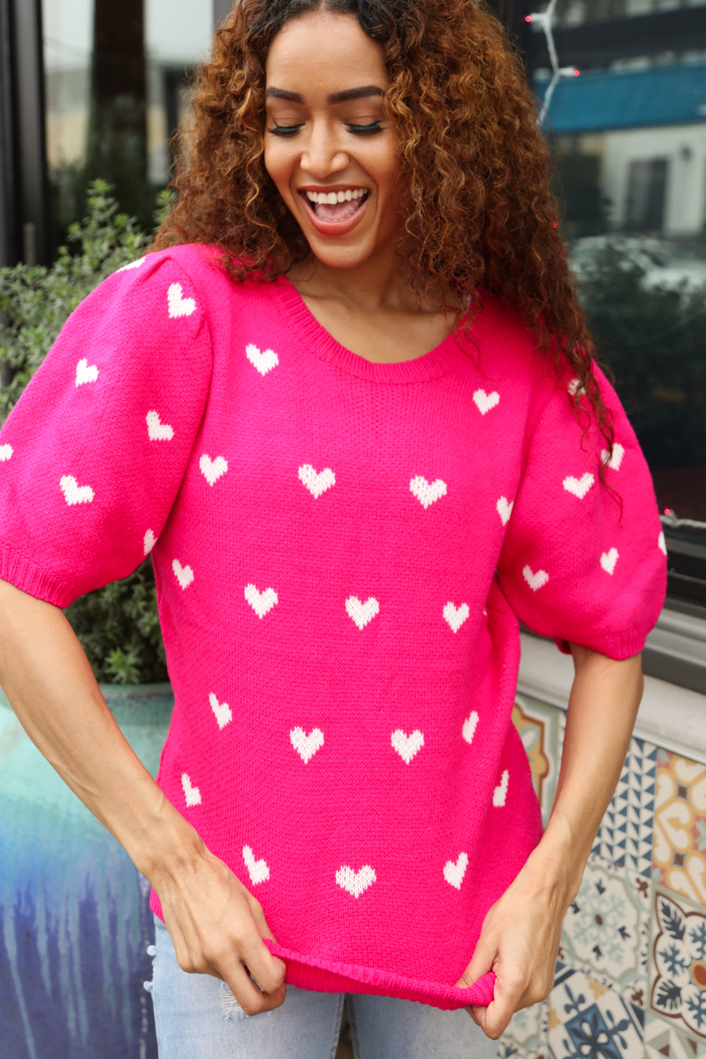 Haptics Be Mine Pink & White Heart Oversized Jacquard Sweater