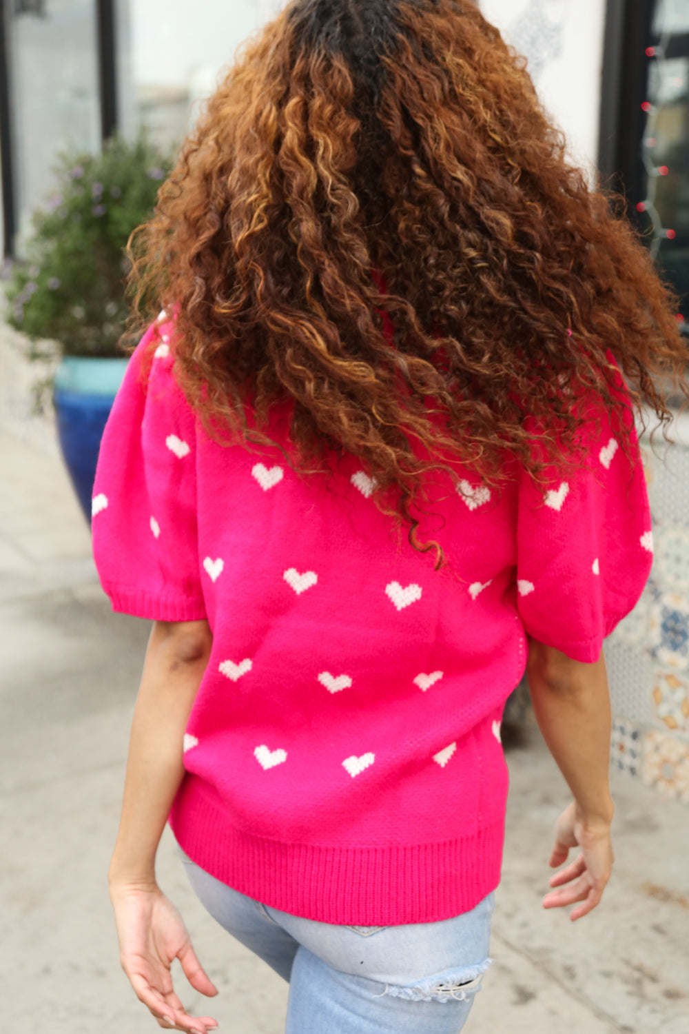 Haptics Be Mine Pink & White Heart Oversized Jacquard Sweater