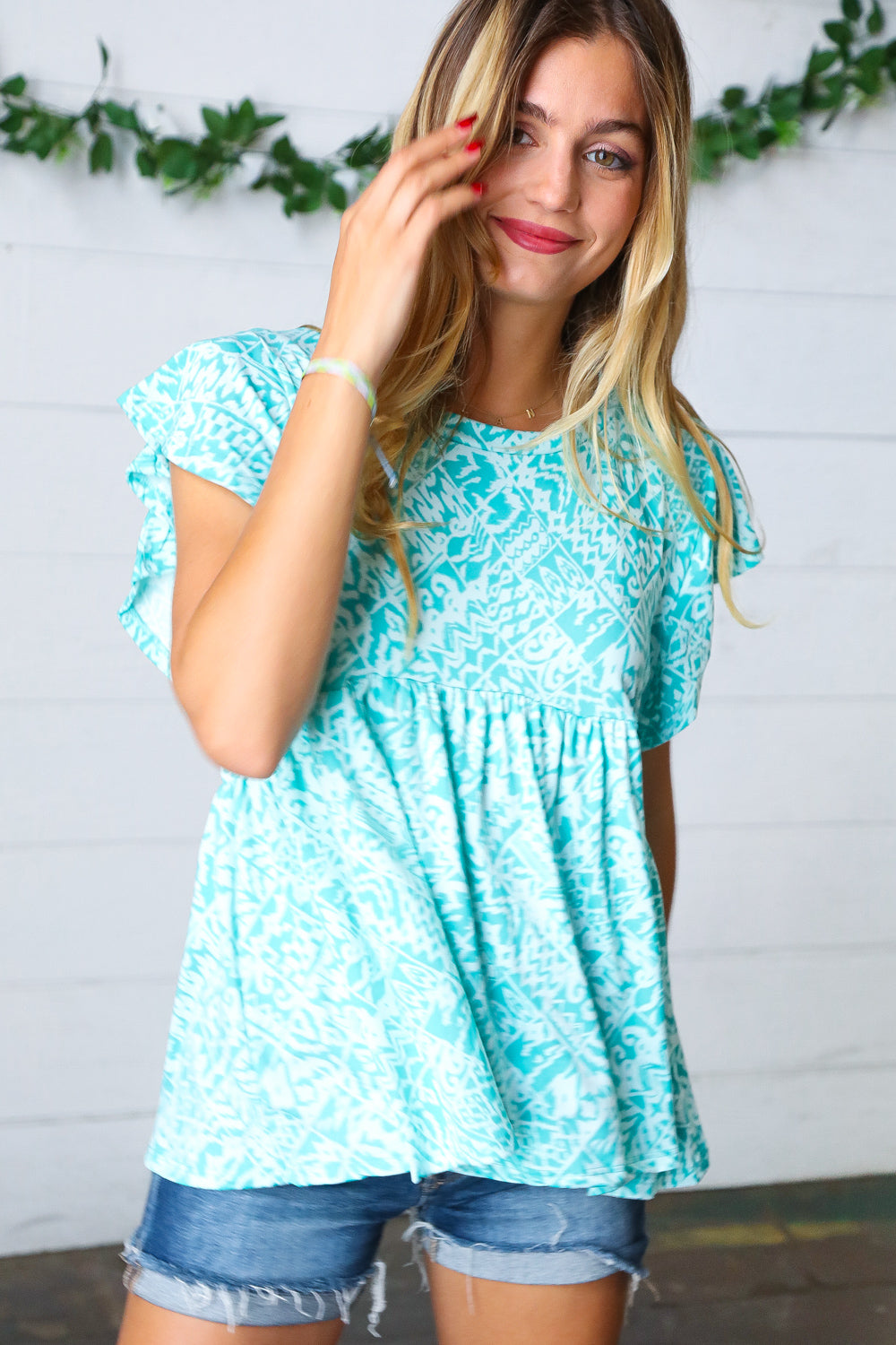 Haptics Aqua Boho Print Ruffle Short Sleeve Babydoll Top