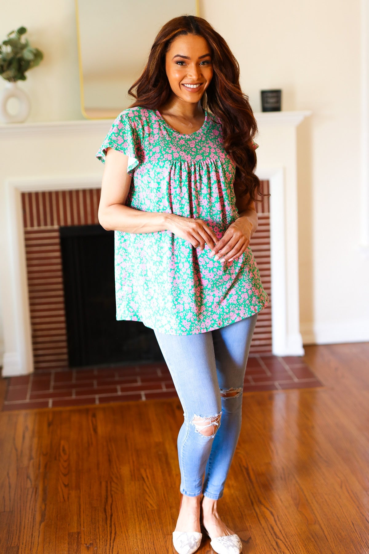 Haptics Dreamy Green & Pink Floral Yoke Ruffle Short Sleeve Top Final Sale