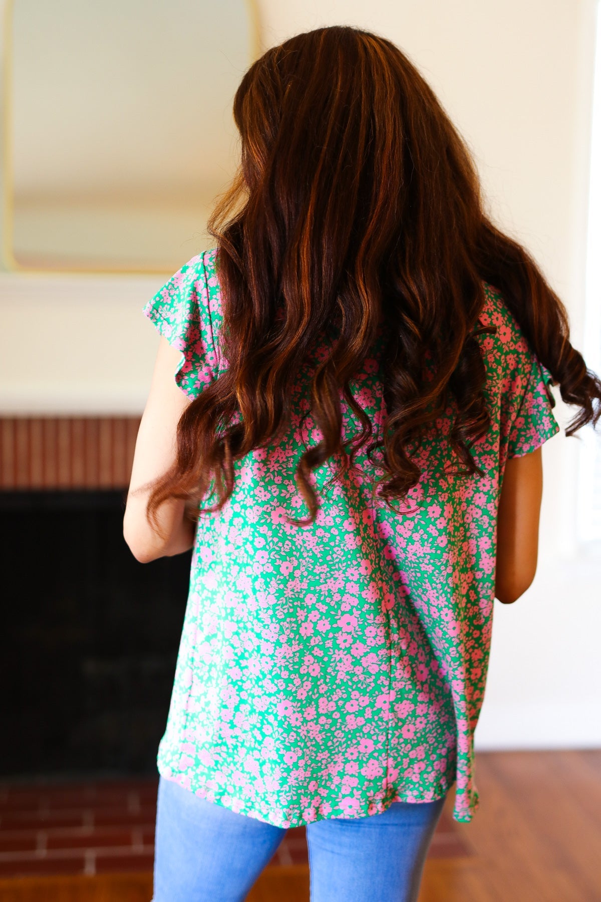 Haptics Dreamy Green & Pink Floral Yoke Ruffle Short Sleeve Top Final Sale