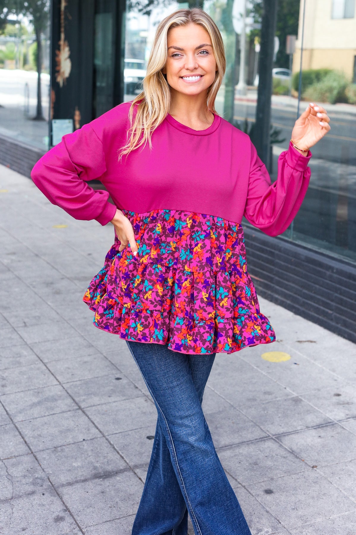 Haptics Berry Drop Shoulder Long Sleeve Babydoll Twofer Top