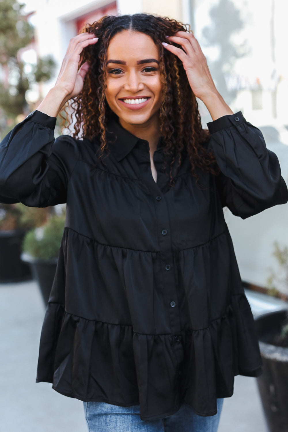 Haptics Perfectly You Black Button Down Tiered Babydoll Satin Top Final Sale