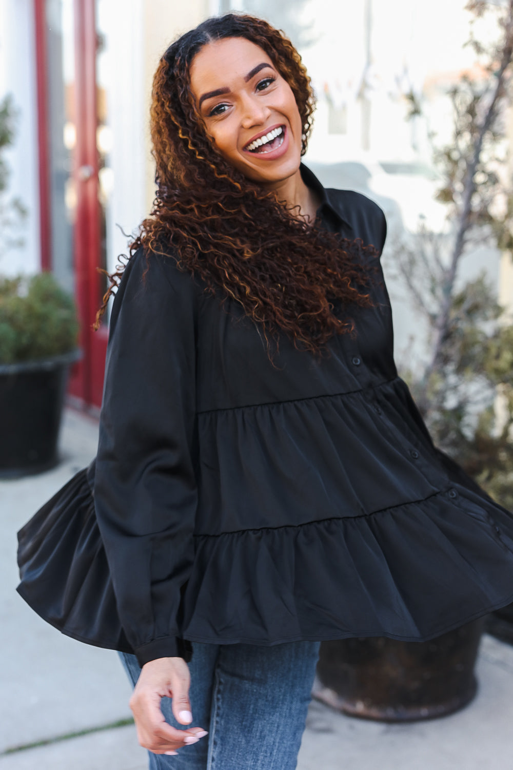 Haptics Perfectly You Black Button Down Tiered Babydoll Satin Top Final Sale