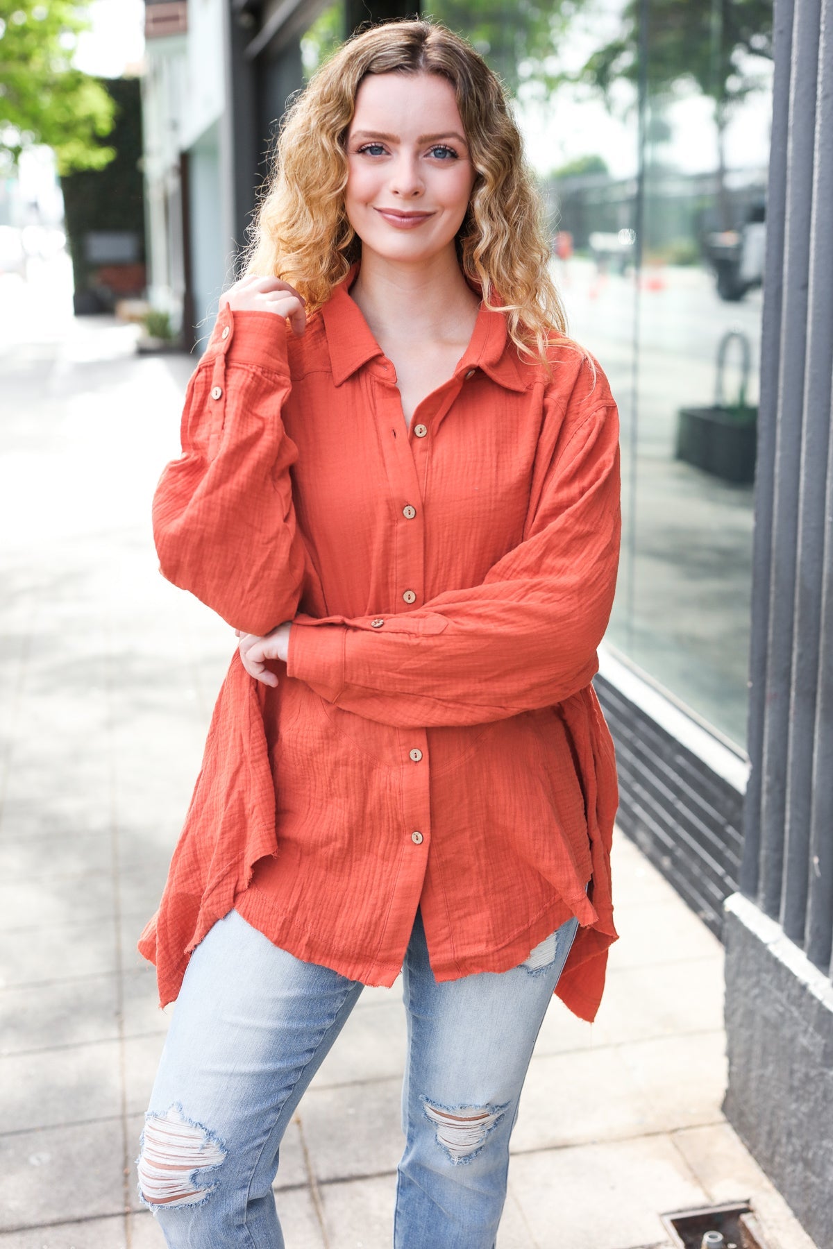 Haptics Everyday Rust Button Down Sharkbite Cotton Tunic Top 2024 Blow-Out Sale