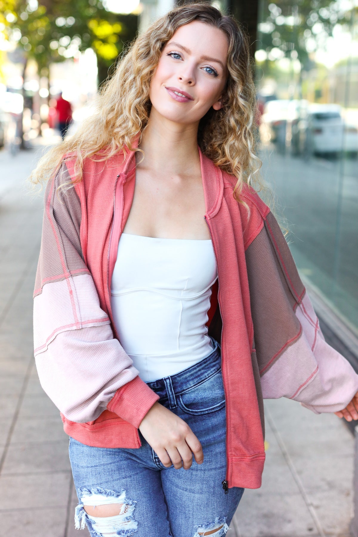 Haptics Boldy You Camel Dolman Sleeve Color block Knit Bomber Jacket