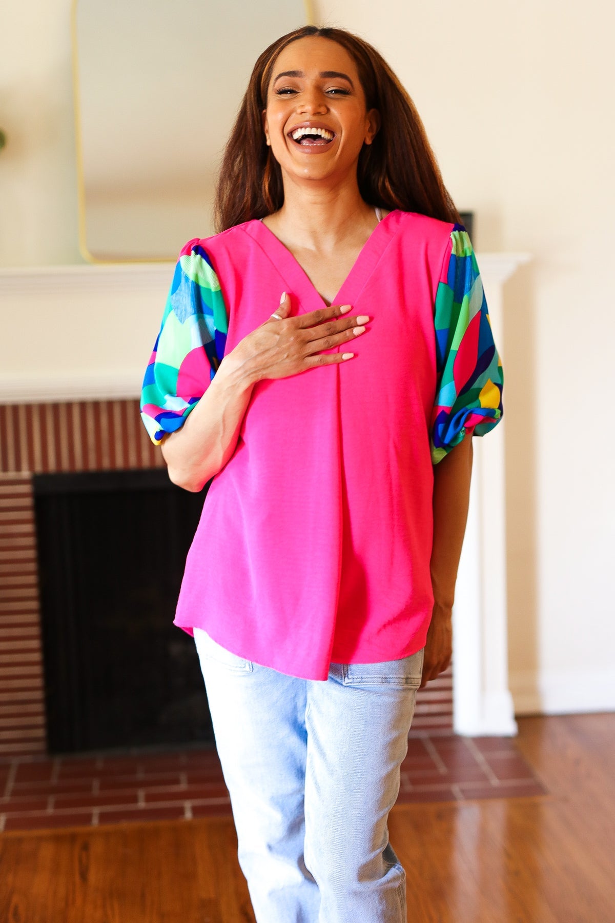 Haptics Tell Your Story Fuchsia Geo Print Puff Sleeve V Neck Top 07-01-25 Summer Sale