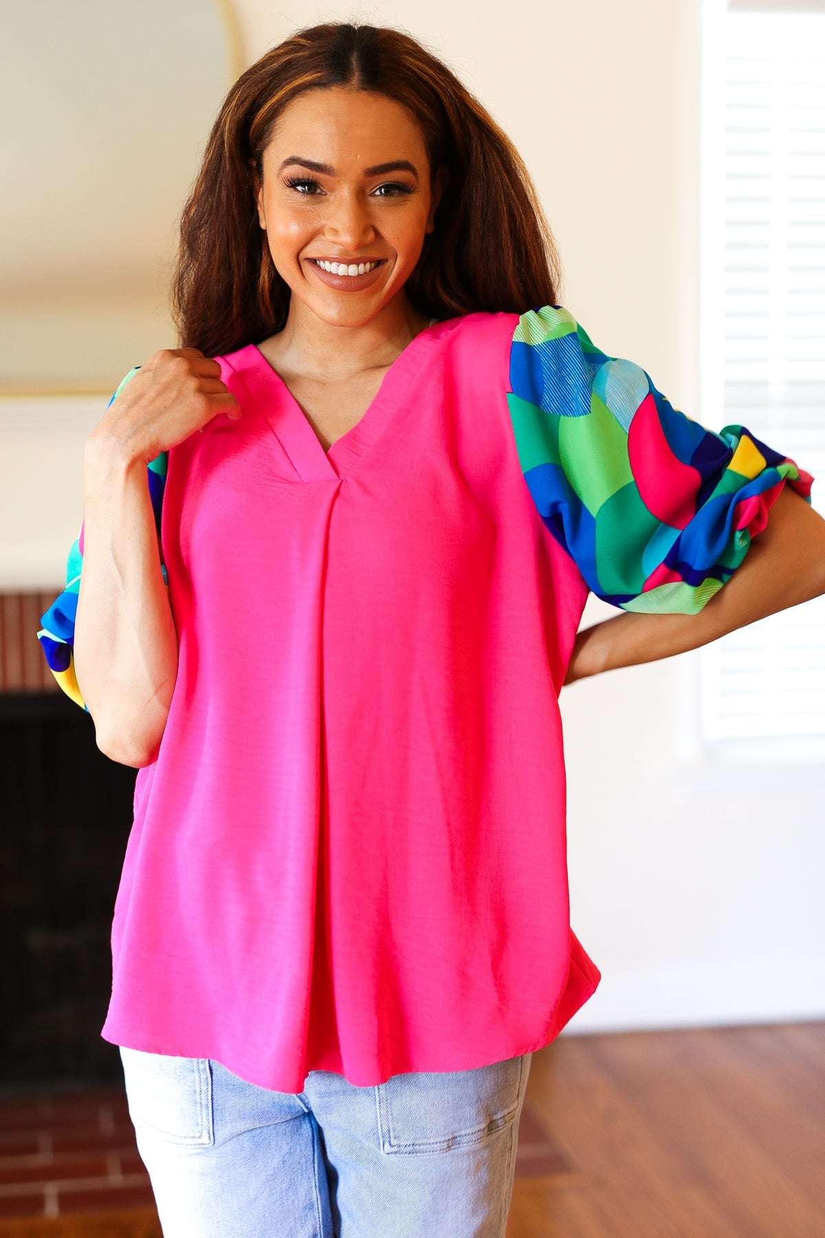 Haptics Tell Your Story Fuchsia Geo Print Puff Sleeve V Neck Top 07-01-25 Summer Sale