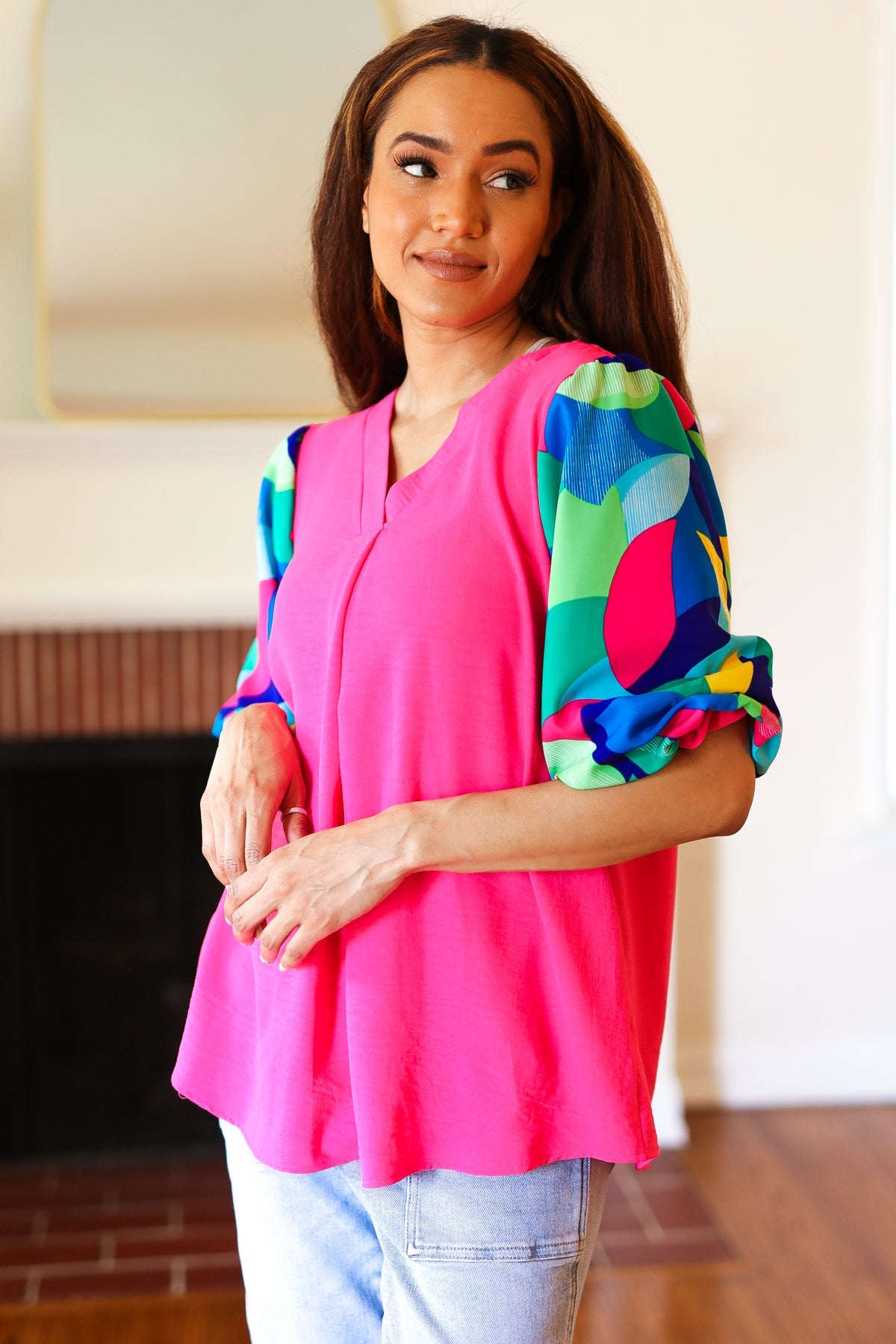Haptics Tell Your Story Fuchsia Geo Print Puff Sleeve V Neck Top 07-01-25 Summer Sale
