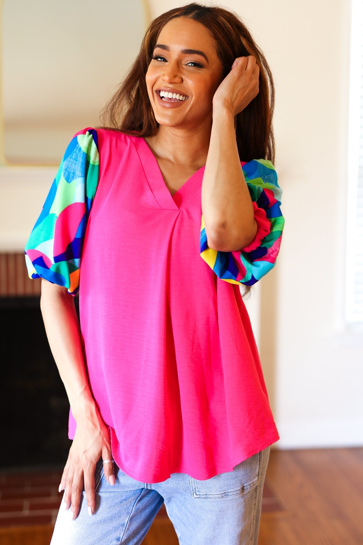 Haptics Tell Your Story Fuchsia Geo Print Puff Sleeve V Neck Top 07-01-25 Summer Sale
