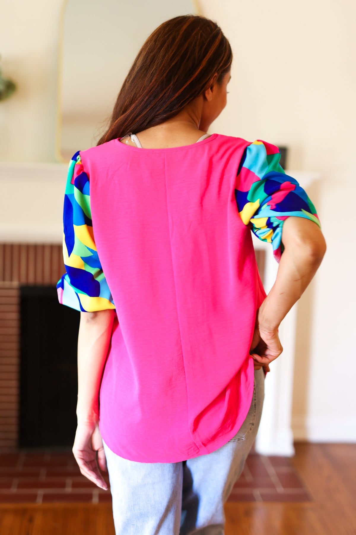 Haptics Tell Your Story Fuchsia Geo Print Puff Sleeve V Neck Top 07-01-25 Summer Sale