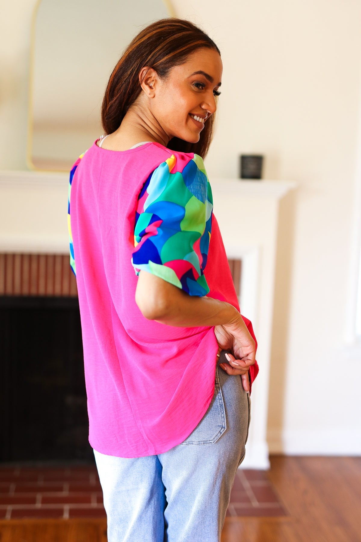 Haptics Tell Your Story Fuchsia Geo Print Puff Sleeve V Neck Top 07-01-25 Summer Sale