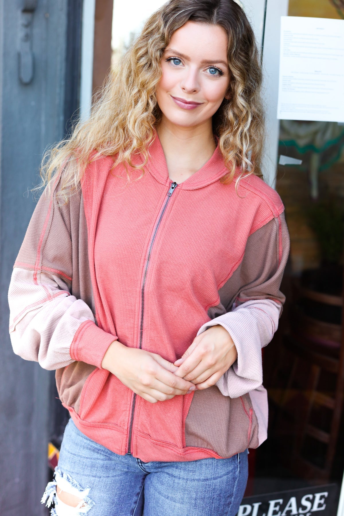 Haptics Boldy You Camel Dolman Sleeve Color block Knit Bomber Jacket