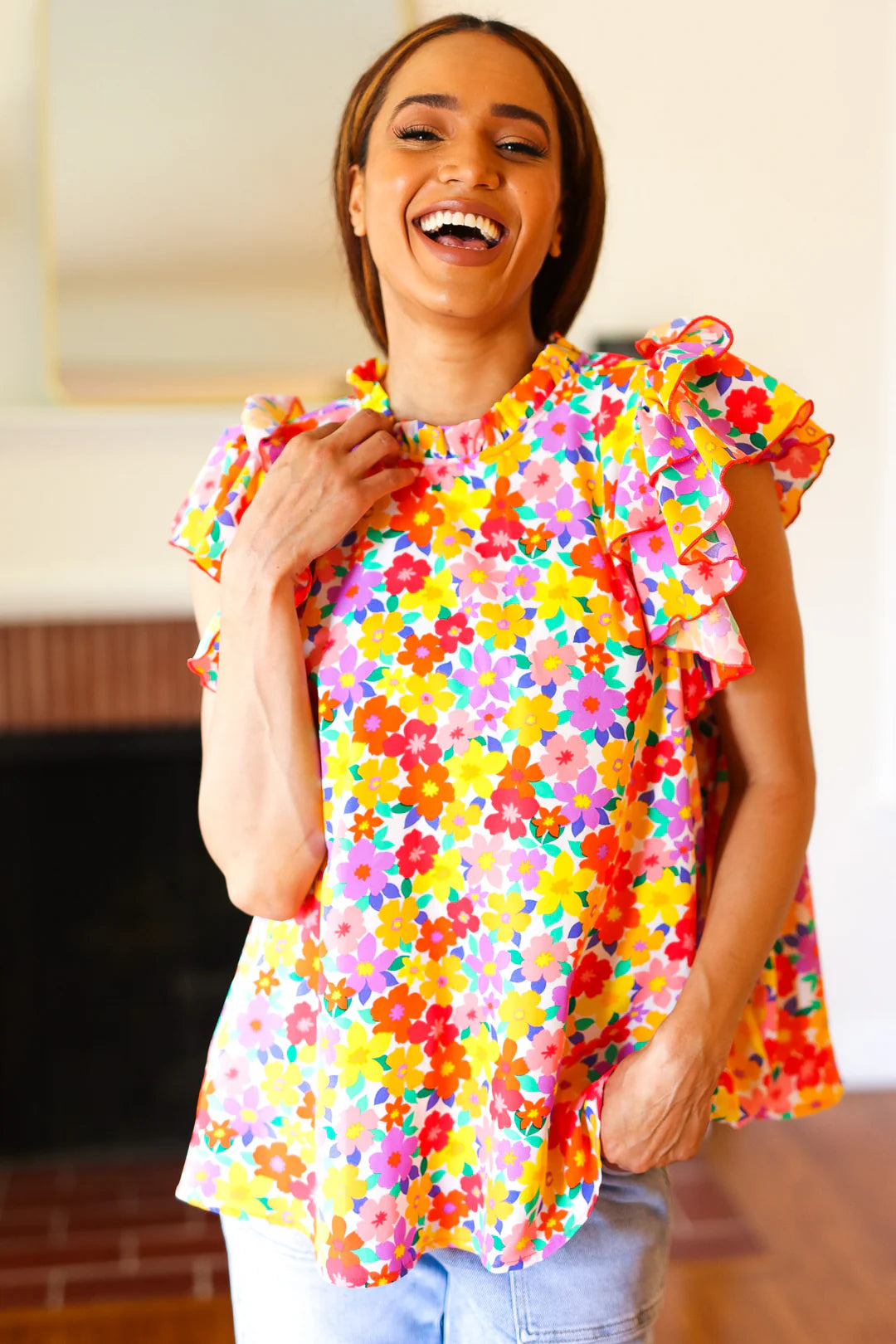 Haptics Flower Power Ivory & Red Floral Mock Neck Flutter Sleeve Top