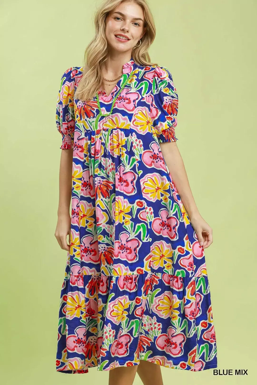 Umgee Blue Mix Floral Print Puff Sleeve Tiered Midi Dress BLUE MIX