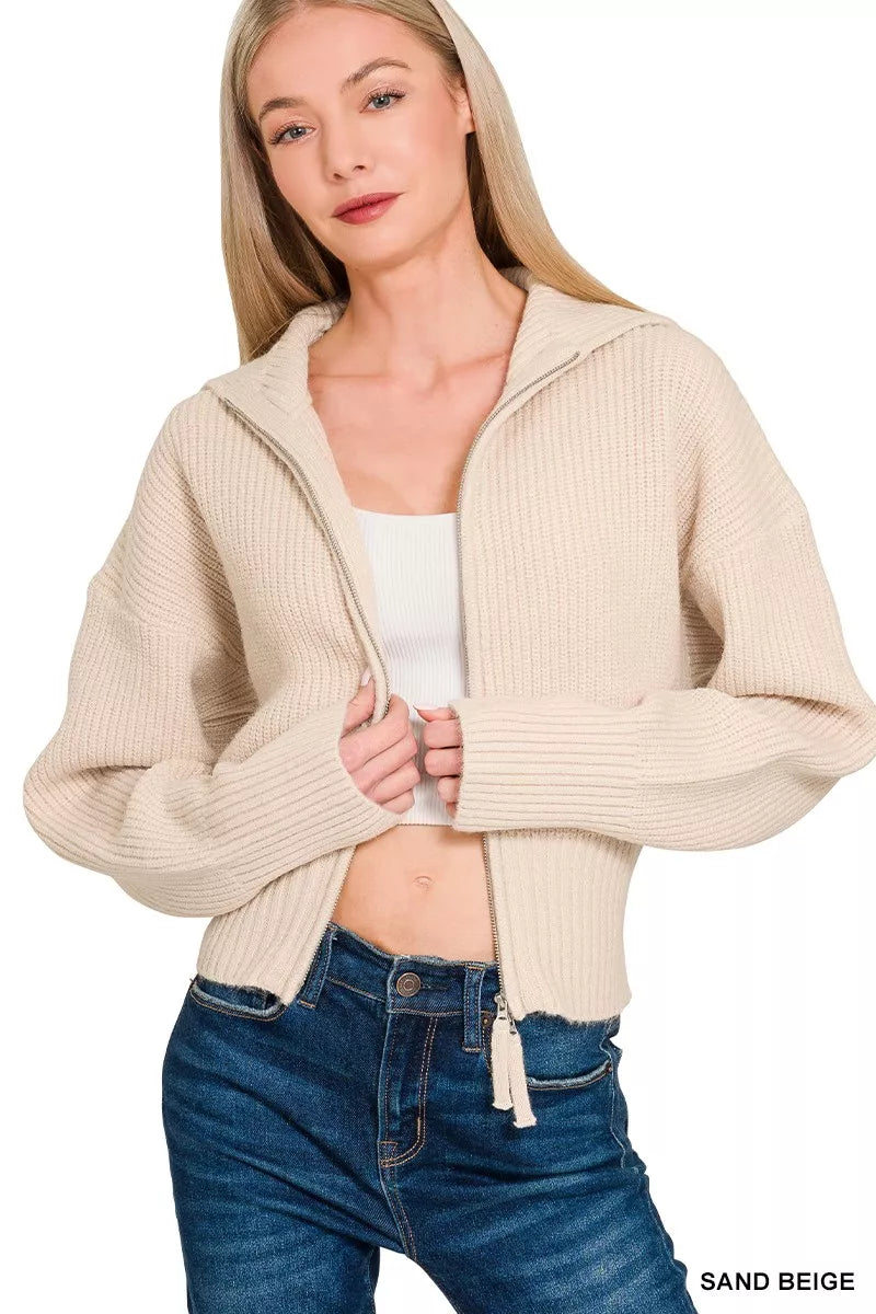 Zenana Sand Beige Ribbed Collared Zip Up Sweater Cardigan