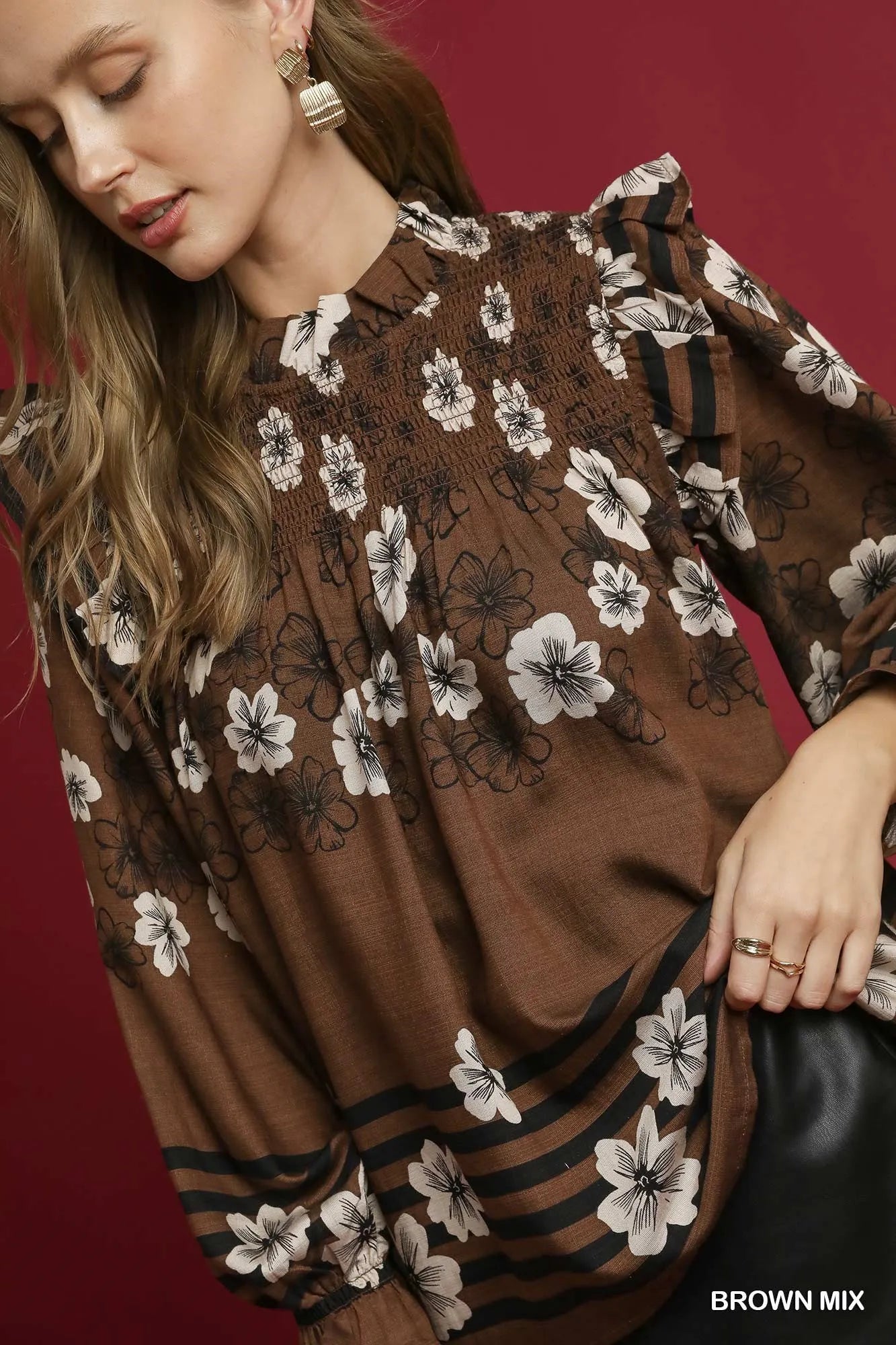 Umgee Brown Mix Floral Smocked Ruffle Blouse