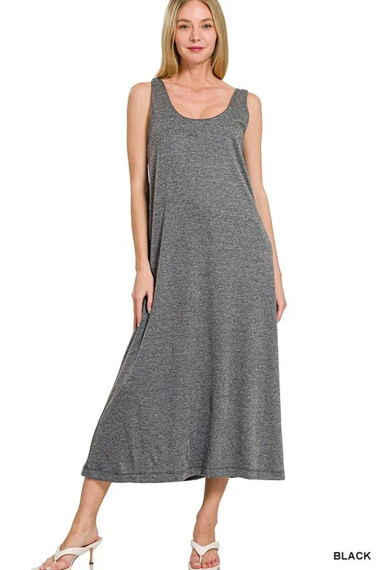 Zenana Black French Terry Twisted Strap Midi Dress BLACK