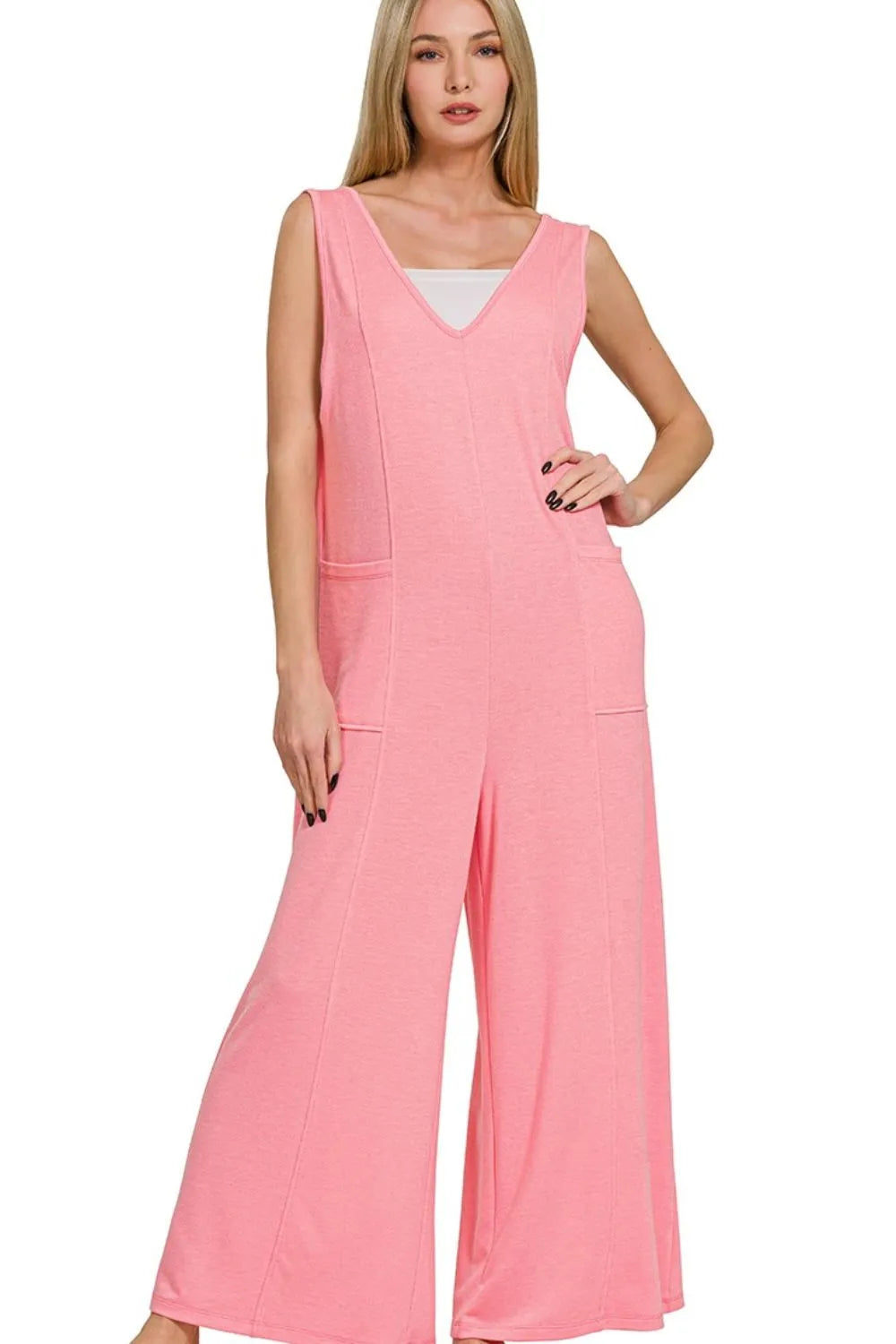 Zenana Dark Pink French Terry Deep V Neck Jumpsuits DK PINK