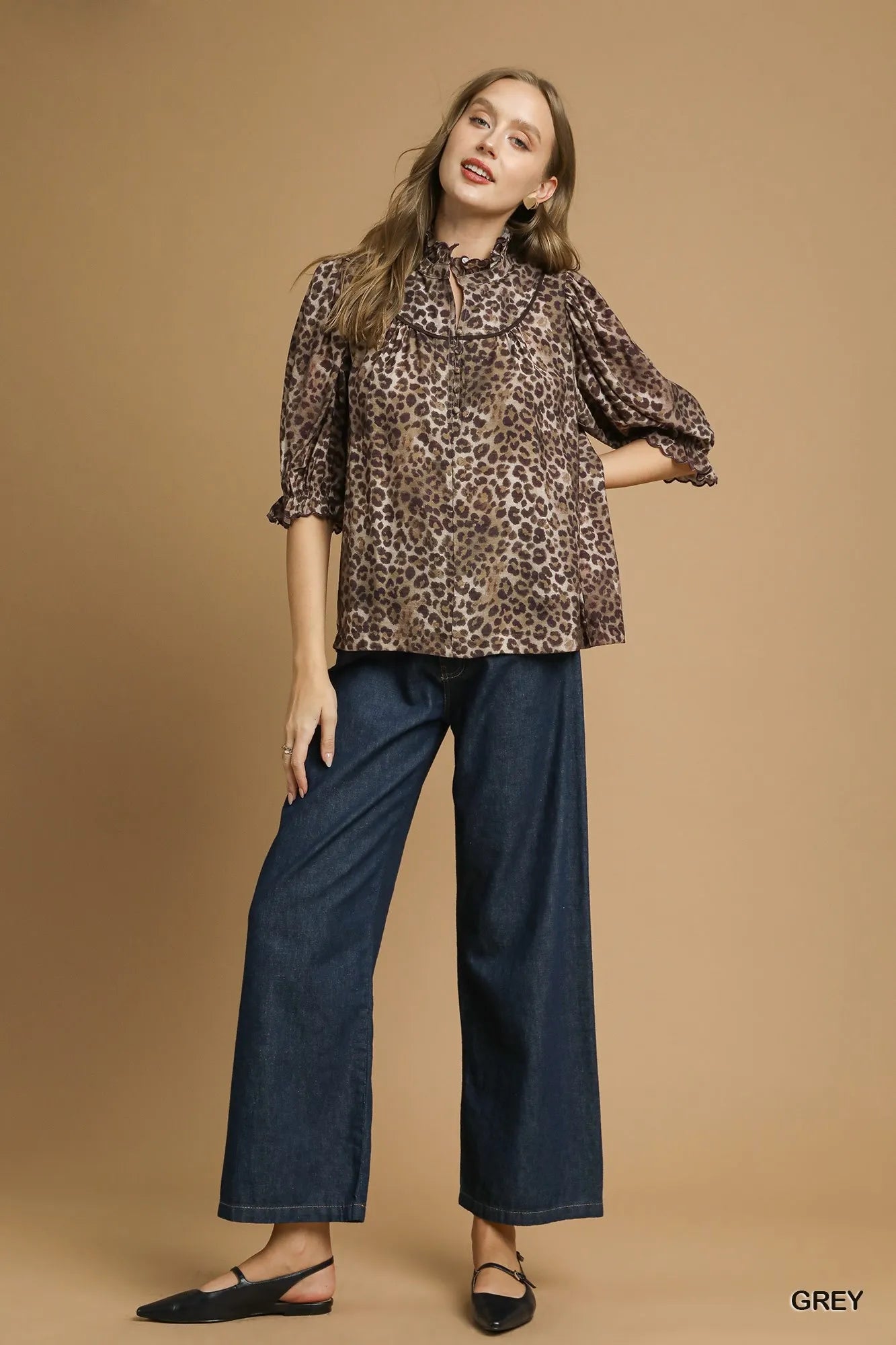 Umgee Grey Leopard Print Ruffle Neck Blouse