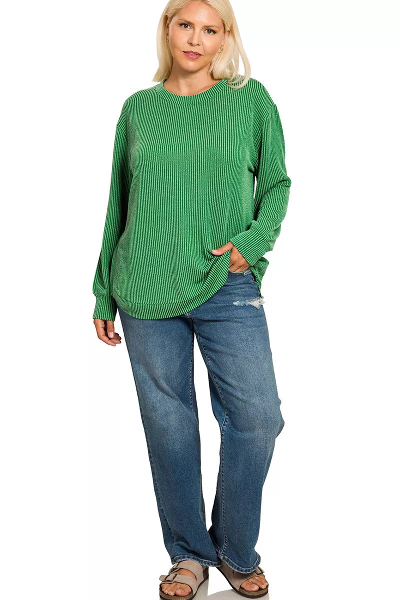 Zenana Dark Green Raised Rib Round Neck Long Sleeve Top