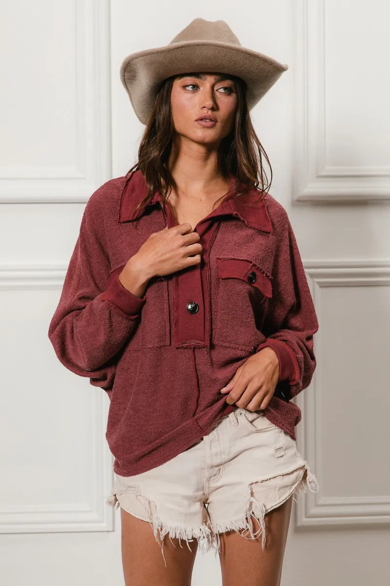 BiBi Marsala French Terry Cut Edge Detail Collared Long Sleeve Top