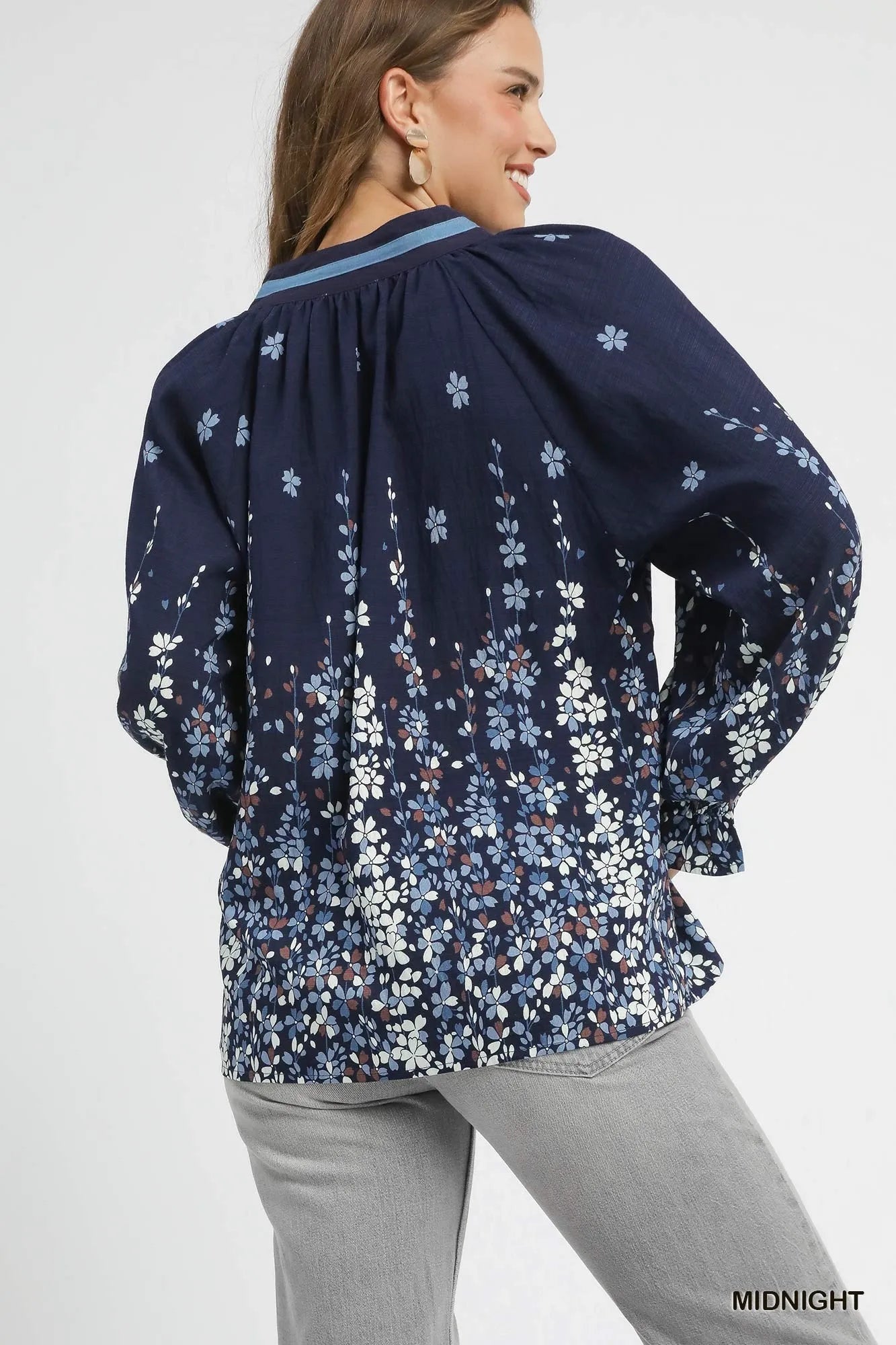 Umgee Midnight Floral Vine Print Blouse with Balloon Sleeves