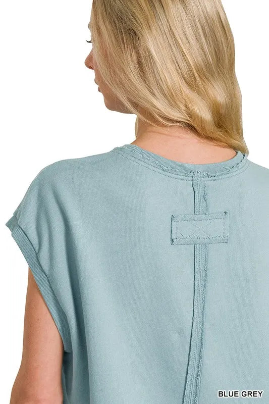 Zenana Blue Gray French Terry Round Neck Cap Sleeve T-Shirt